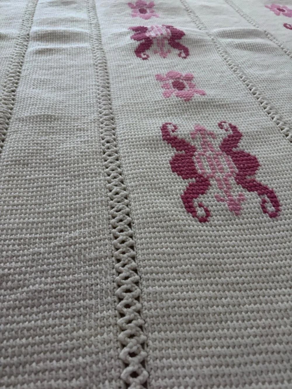 Handmade Crochet Throw Blanket Cream Pink Fringe Boho Cottage Anthro Afghan